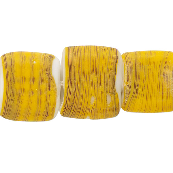 Bead, lampworked glass, opaque matte yellow-green / black / white, 17x15mm-18x16mm puffed rectangle with line design. Sold per 8-inch strand, approximately 10 beads. image number 0
