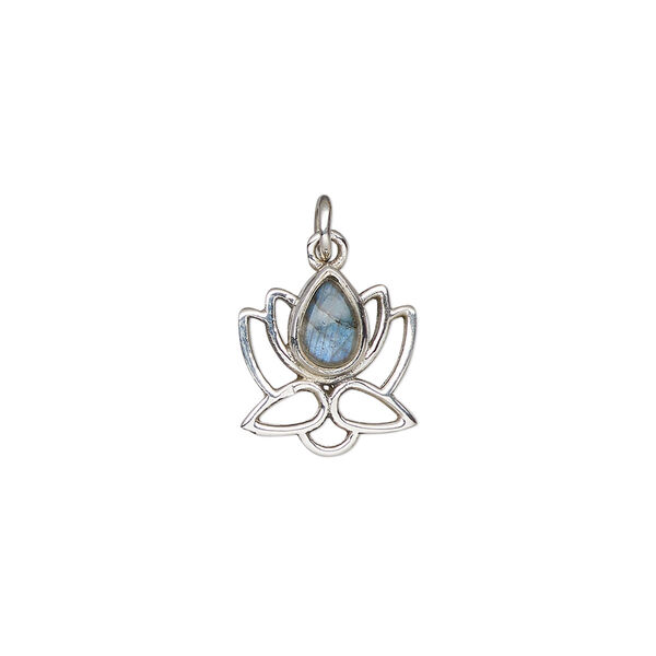 Labradorite / sterling silver 1pkg1, open lotus drop natural antiqued 12x12mm image number 0