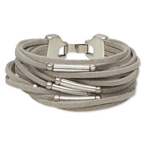Bracelet, 16-strand, suede (dyed) and antique silver-plated "pewter" (zinc-based alloy), grey, 19mm wide with 5mm round and 20x4mm round tube, 7 inches with hook-and-eye clasp. Sold individually.