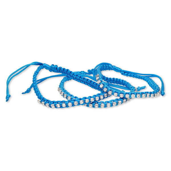 Bracelet, glass rhinestone / nylon / silver-plated brass, light blue and clear, 6mm wide with cupchain, adjustable from 7-10 inches with wrapped knot closure. Sold per pkg of 3. image number 0