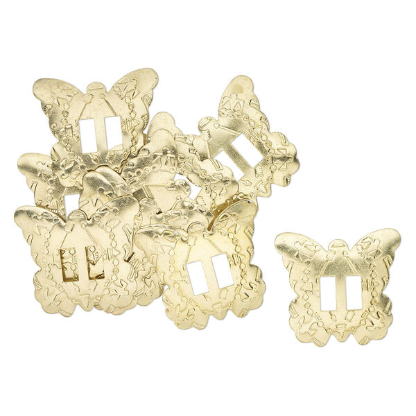 Slide, gold-finished steel, 35x34mm-38x35mm textured butterfly, (2) 10x4.5mm rectangle holes. Sold per pkg of 10. image number 0
