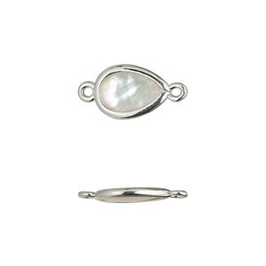 Link, mother-of-pearl shell and imitation rhodium-finished brass (assembled), 13x8mm-14x9mm double-sided teardrop. Sold per pkg of 4.