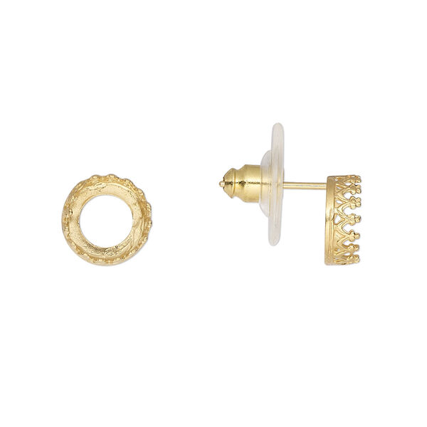 Earstud, JBB Findings, acrylic and gold-plated brass, clear, 9mm round with SS39 rivoli bezel setting. Sold per pair. image number 0