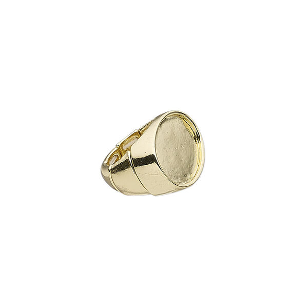 Ring, stretch, gold-finished "pewter" (zinc-based alloy), 21mm wide with 25x18mm non-calibrated oval setting, size 8. Sold individually. image number 0