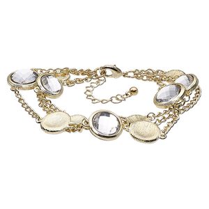 Bracelet, acrylic with gold-finished steel and "pewter" (zinc-based alloy), clear, 6-1/2 inches with 2-inch extender chain and lobster claw clasp. Sold individually.