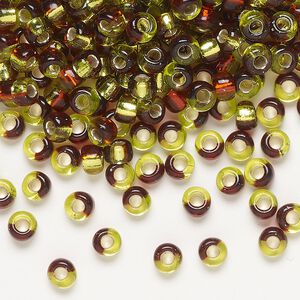 Seed bead, Miyuki, glass, pkg/25g, 4mm irregular round, transparent silver-lined green/dark red, (TB-3937).
