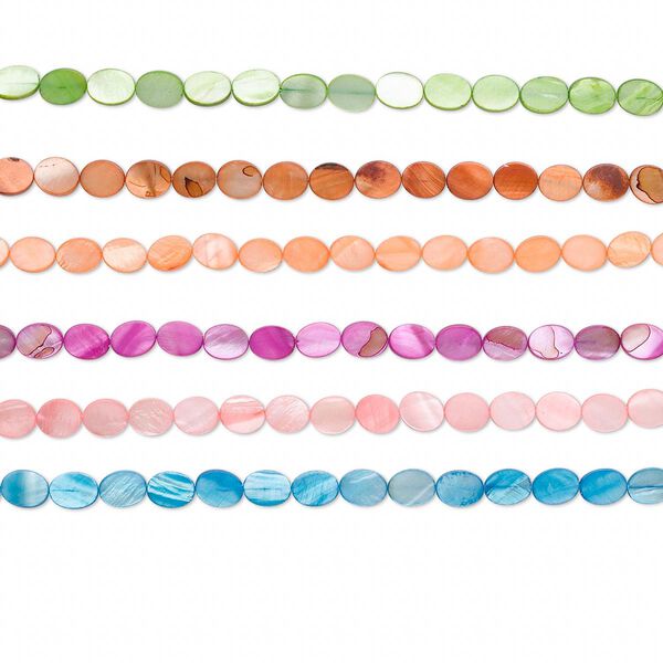 Bead, mother-of-pearl shell (dyed), assorted colors, 12x10mm flat oval, Mohs hardness 3-1/2. Sold per pkg of (6) 15-1/2" to 16" strands. image number 0