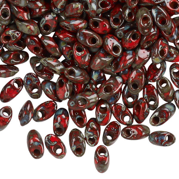 Seed bead, Miyuki, glass, pkg/10g, 7x4mm long magatama, opaque Picasso red (LMA-4513). image number 0