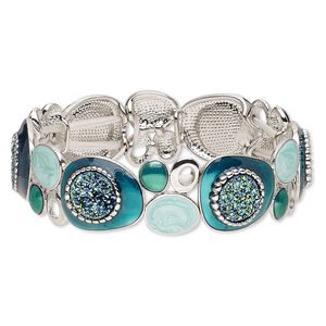 Bracelet, stretch, druzy (imitation) / enamel / silver-plated brass / "pewter" (zinc-based alloy), blue / green / blue-green, 17mm wide with freeform design, 6-1/2 inches. Sold individually.