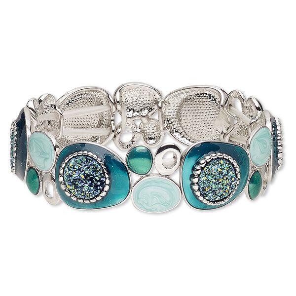 Bracelet, stretch, druzy (imitation) / enamel / silver-plated brass / "pewter" (zinc-based alloy), blue / green / blue-green, 17mm wide with freeform design, 6-1/2 inches. Sold individually. image number 0