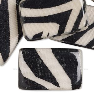 Bead, wood / cotton / acrylic, black and cream, 30x20mm double-sided flat rectangle with zebra stripe pattern. Sold per pkg of 8.