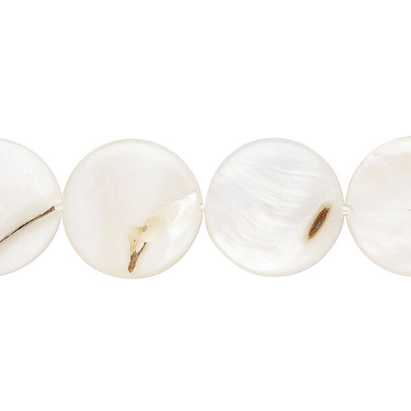 Mother-of-pearl shell 1pkg1, puffed flat round bead 15 inch white 14-15mm image number 0