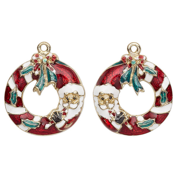 Charm, enamel and gold-finished "pewter" (zinc-based alloy), multicolored, 21x20mm left- and right-facing single-sided Santa Claus wreath. Sold per pkg of 2. image number 0