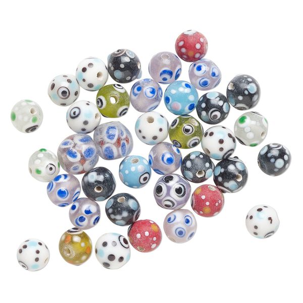 Bead mix, lampworked glass, opaque and translucent mixed colors, 9mm round. Sold per 2-ounce pkg, approximately 35 beads. image number 0