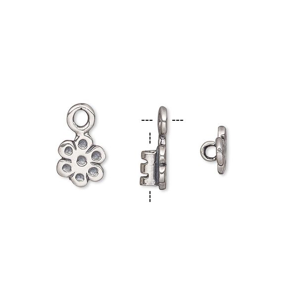 Crimp end, antique silver-plated brass, 8x7mm flower with loop, 2mm inside diameter. Sold per pkg of 2. image number 0