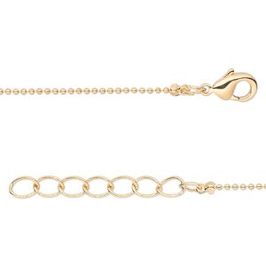 Chain, gold-finished brass, 1mm ball, 36 inches with 1-inch extender chain and lobster claw clasp. Sold per pkg of 2.