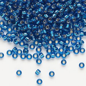 Seed bead, Miyuki, glass, pkg/50g, #8 rocaille, transparent silver-lined Capri blue (RR-25).