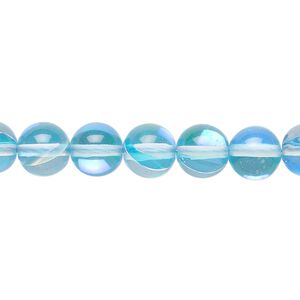 Bead, iridescent glass, transparent turquoise, 8mm round. Sold per 15-1/2" to 16" strand.