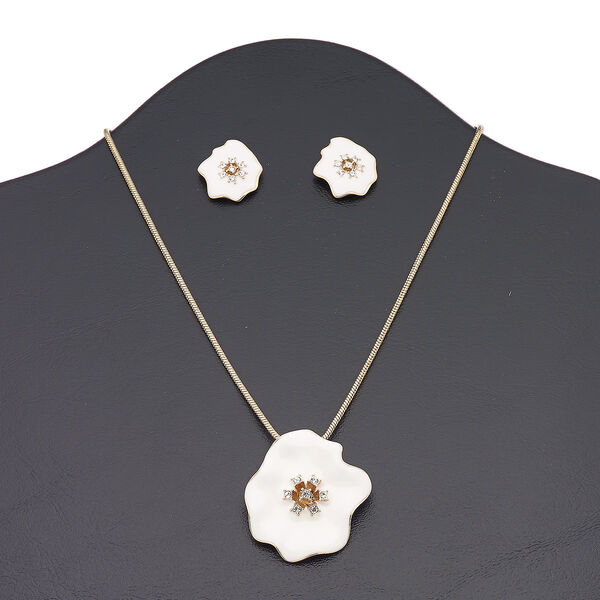 Necklace and earring set, enamel / Czech glass rhinestone / copper-finished brass / steel / "pewter" (zinc-based alloy), white and clear, 40x35mm freeform flower, 16 inches with 3-inch extender chain and lobster claw clasp, 23.5x20mm freeform flower with post. Sold per set. image number 0