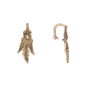 Bail, ice-pick, antiqued brass, 19x9mm fancy leaf, 5mm grip length. Sold per pkg of 2.