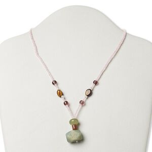 Multi-gemstone / glass / "pewter" (zinc-based alloy) 1pkg1, AB silver-finished / antique gold-finished necklace natural 17 inch / 1 inch dangle / lobster claw clasp