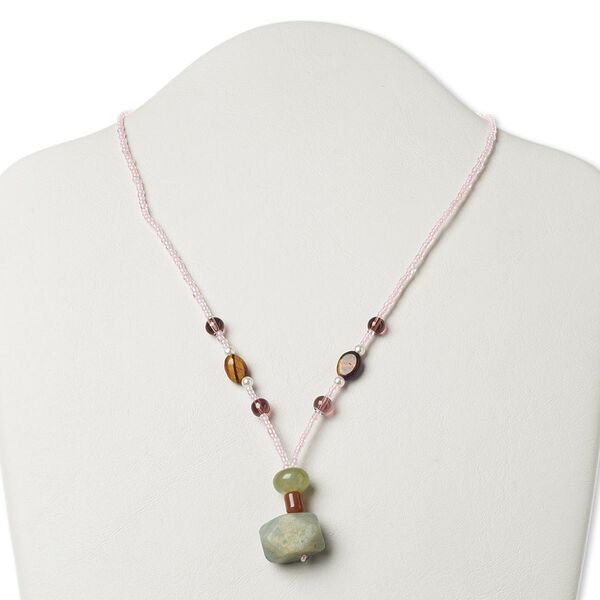 Multi-gemstone / glass / "pewter" (zinc-based alloy) 1pkg1, AB silver-finished / antique gold-finished necklace natural 17 inch / 1 inch dangle / lobster claw clasp image number 0