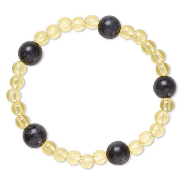 Bracelet, stretch, blackstone (dyed) and acrylic, yellow, 5mm and 9-10mm round, 6 inches. Sold individually. image number 0
