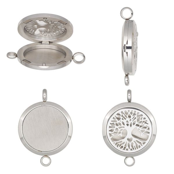 Pendant, stainless steel, 37x30mm single-sided hinged round locket with cutout tree of life design and magnetic closure with loop. Sold individually. image number 0