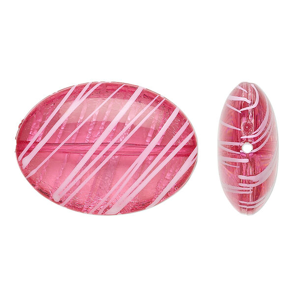 Bead, acrylic, semitransparent fuchsia and white, 33x24mm puffed oval with painted line design. Sold per pkg of 18. image number 0