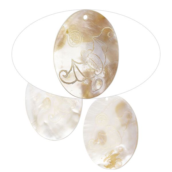 Focal, mother-of-pearl shell (natural/bleached), 57x42mm-69x51mm hand-carved oval with bat and moon design, Mohs hardness 3-1/2. Sold per pkg of 3. image number 0