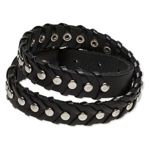 Bracelet, wrap, leather (dyed) with imitation rhodium-plated steel and "pewter" (zinc-based alloy), black, 12mm wide with round studs, adjustable from 5-1/2 to 7-1/2 inches with buckle-style closure. Sold individually.