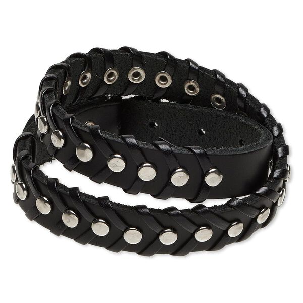 Bracelet, wrap, leather (dyed) with imitation rhodium-plated steel and "pewter" (zinc-based alloy), black, 12mm wide with round studs, adjustable from 5-1/2 to 7-1/2 inches with buckle-style closure. Sold individually. image number 0