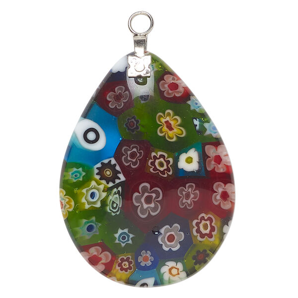 Focal 1pkg1 millefiori glass and silver-finished steel, translucent multicolored, 39x29mm-40x30mm puffed teardrop. image number 0