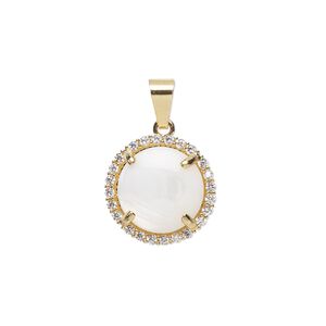 Pendant, glass rhinestone / mother-of-pearl shell / gold-finished brass, clear and white, 15mm single-sided round. Sold individually.