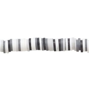 Bead, polymer clay, opaque black, grey and white, 6x1-1/2mm heishi. Sold per pkg of (2) 16-inch strands.