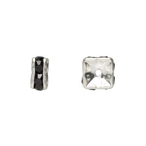 Bead, glass rhinestone and silver-plated brass, black, 8x4mm squaredelle. Sold per pkg of 10.