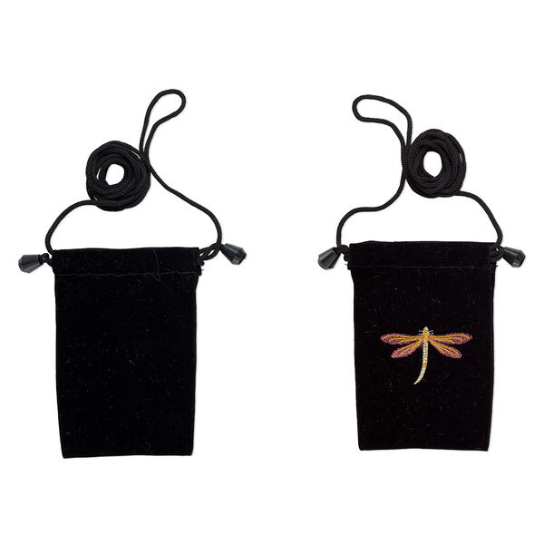 Pouch, velveteen and plastic, black and multicolored, 5x3 inches with embroidered dragonfly design, 26-inch shoulder strap. Sold per pkg of 2. image number 0
