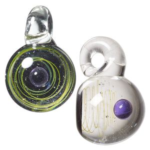 Drop, lampworked glass, clear / black / purple, 21mm round with yellow swirl / suspended sphere / glitter. Sold individually.