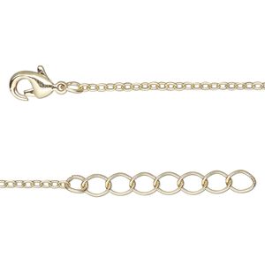 Chain, gold-finished brass, 1.5mm cable, 36 inches with 2-inch extender chain and lobster claw clasp. Sold per pkg of 2.
