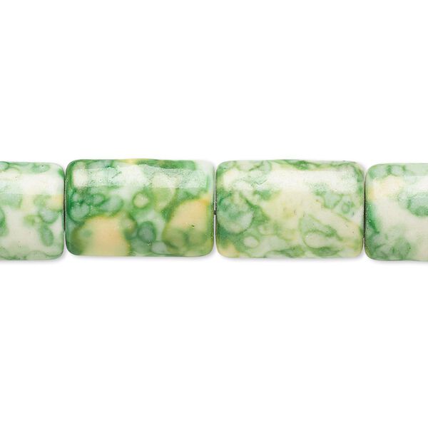Bead, resin and painted ceramic, green / white / yellow, 15x10mm puffed rectangle. Sold per 15" to 16" strand. image number 0