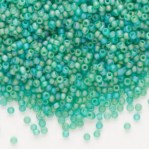 Seed bead, Dyna-Mites™, glass, pkg/40g, #11 round, translucent frosted rainbow jade green, (20FAB 11/0 RR).
