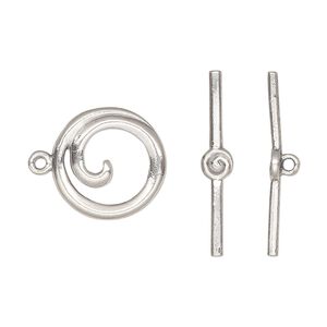 Clasp toggle 1pkg1 sterling silver, 16mm swirl round, antique 1-strand
