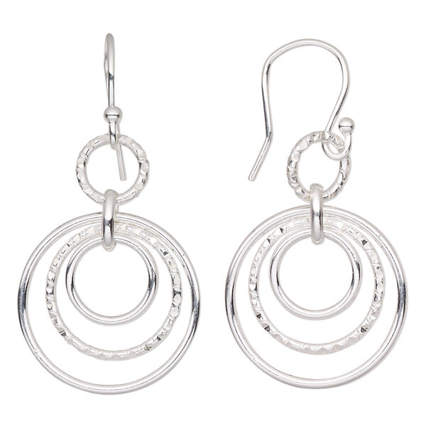 Earring, Create Compliments®, sterling silver, 42mm with diamond-cut and smooth 4-ring design and fishhook ear wire, 21 gauge. Sold per pair. image number 0