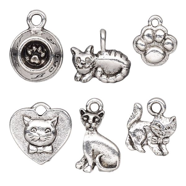 Charm, antique silver-plated pewter (tin-based alloy), 10.5x9mm-15x11mm single-sided assorted cat theme. Sold per pkg of 6. image number 0