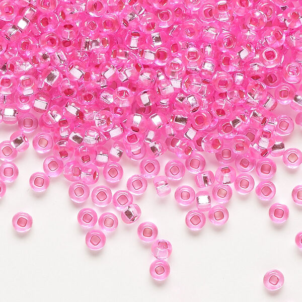 Seed bead, Preciosa Ornela Czech glass, pkg/50g, #8 rocaille, translucent silver-lined dyed color pink, (18275). image number 0