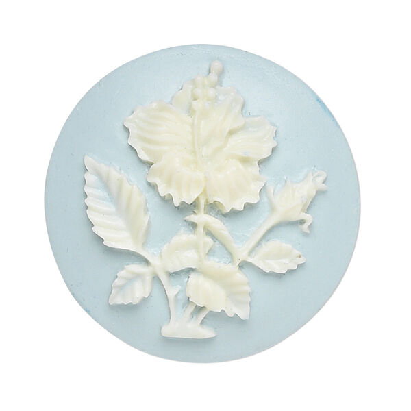 Cabochon, acrylic, light blue and white, 33mm non-calibrated round cameo with hibiscus flower. Sold individually. image number 0