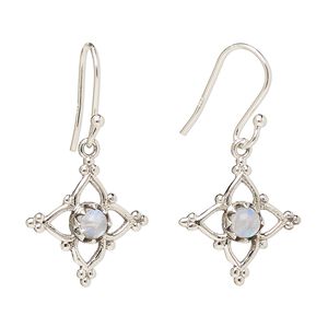 Earring, Create Compliments®, antiqued sterling silver and rainbow moonstone (natural), fishhook, 32mm with 17mm single-sided open beaded diamond, 21 gauge. Sold per pair.