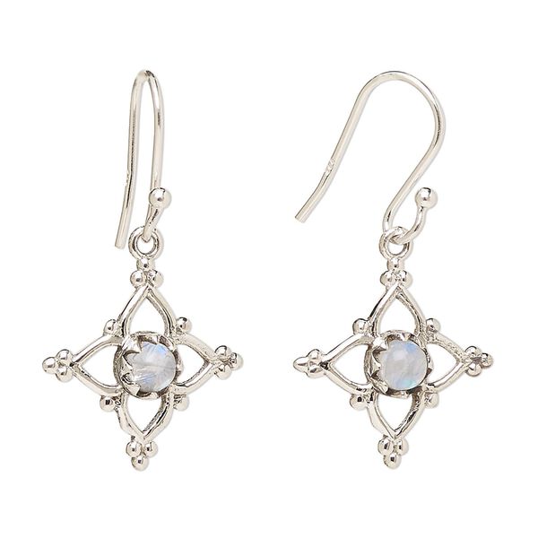 Earring, Create Compliments®, antiqued sterling silver and rainbow moonstone (natural), fishhook, 32mm with 17mm single-sided open beaded diamond, 21 gauge. Sold per pair. image number 0