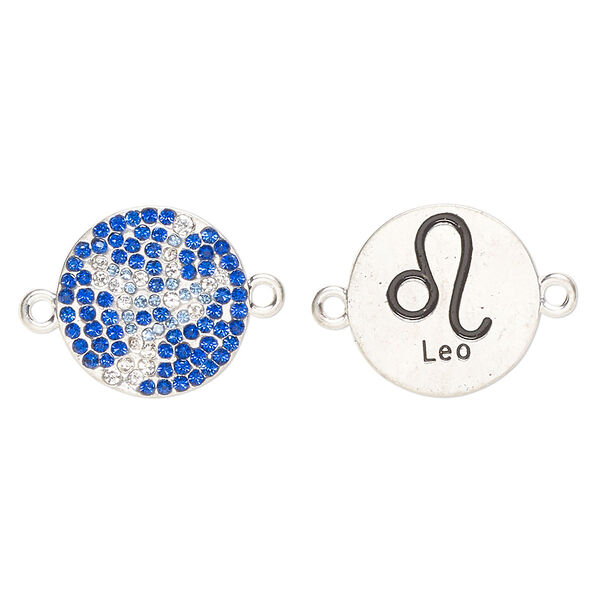 Link, "pewter" (zinc-based alloy)/enamel/cubic zirconia, pkg/1, antique silver finish and mixed colors, 20mm round 2-sided with "Leo" and  zodiac symbol. image number 0