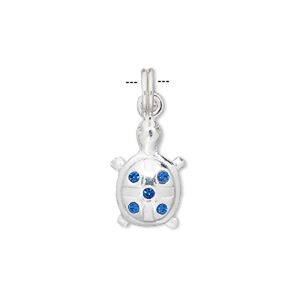 Charm, crystal and sterling silver, blue, 20x12mm turtle. Sold individually.